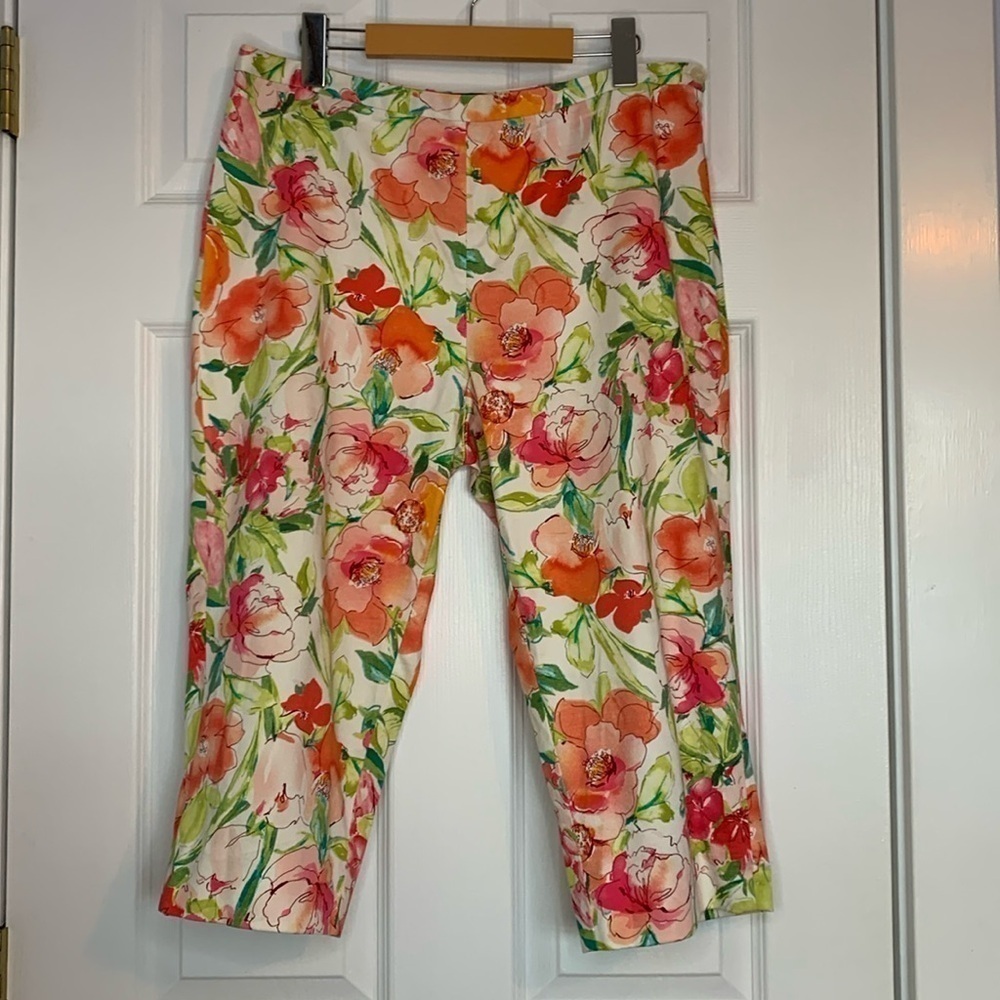 Ralph Lauren Petite Floral Crop Pants Women’s Size 12P Side Zip Stretch Coral